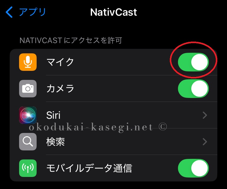 エンジェルライブのアプリNativCastのマイク許可設定画面