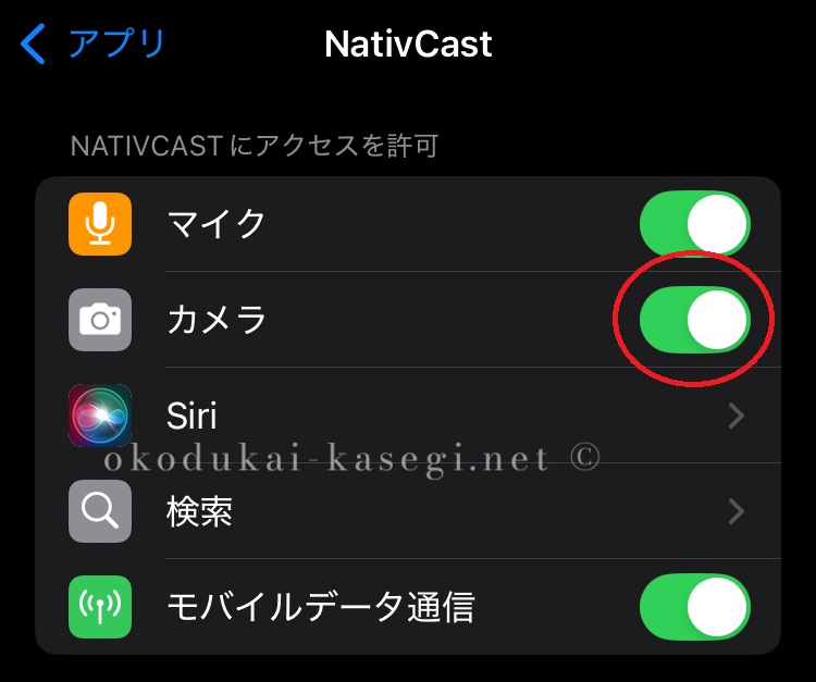 エンジェルライブのアプリNativCastのカメラ許可設定画面
